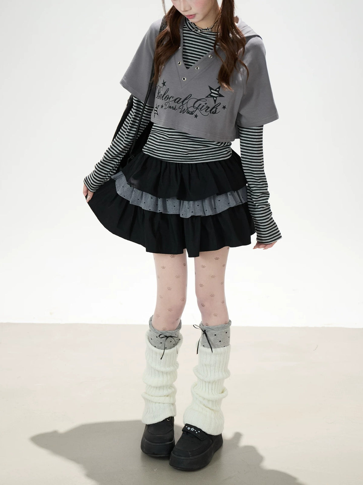 Graphic Cropped Hooded Tee, Striped Layering Long Sleeve Top & Tiered Mini Skirt