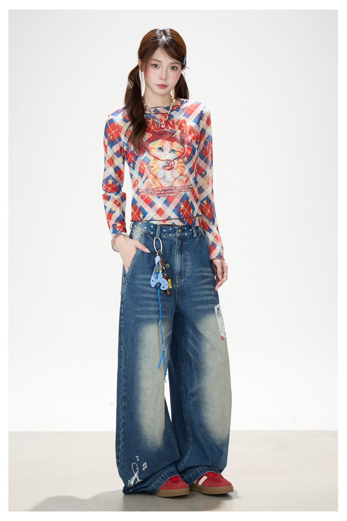 Cartoon Patch Washed Wide-Leg Jeans