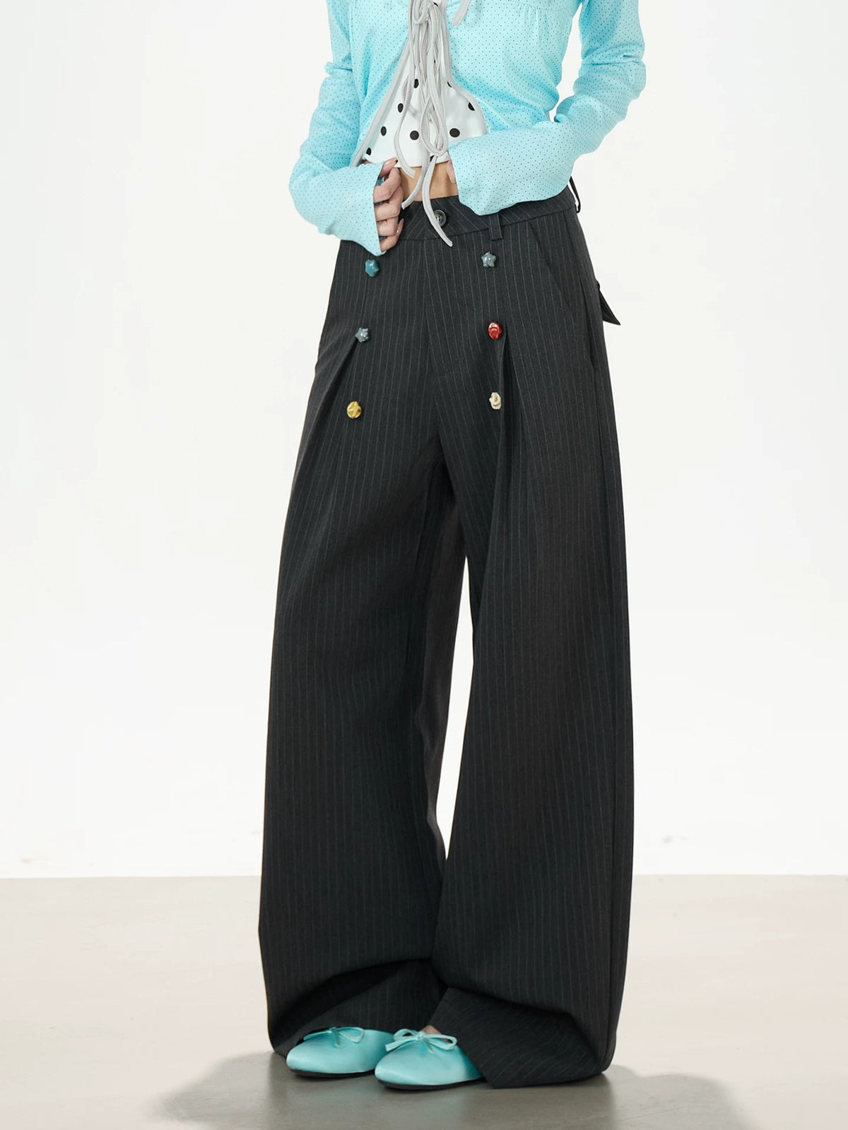 Pinstripe Button Wide-Leg Pants