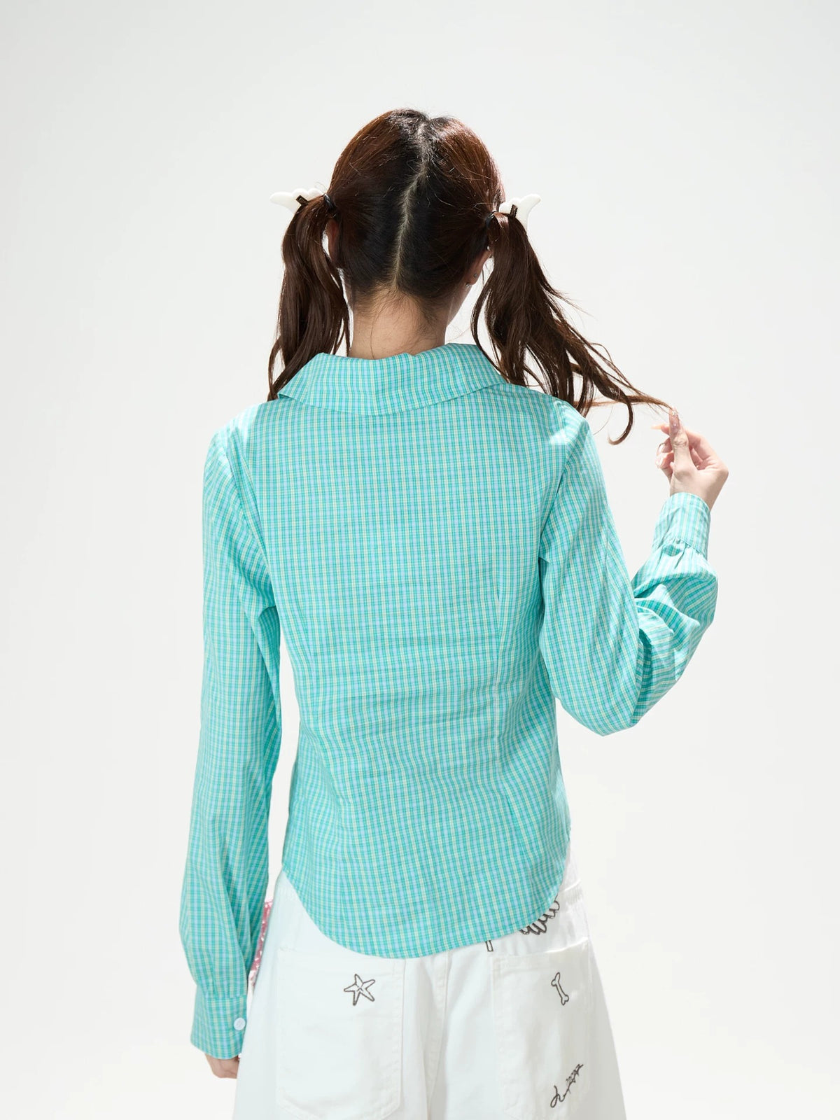Green Check Fitted Shirt & White Wide-Leg Pants