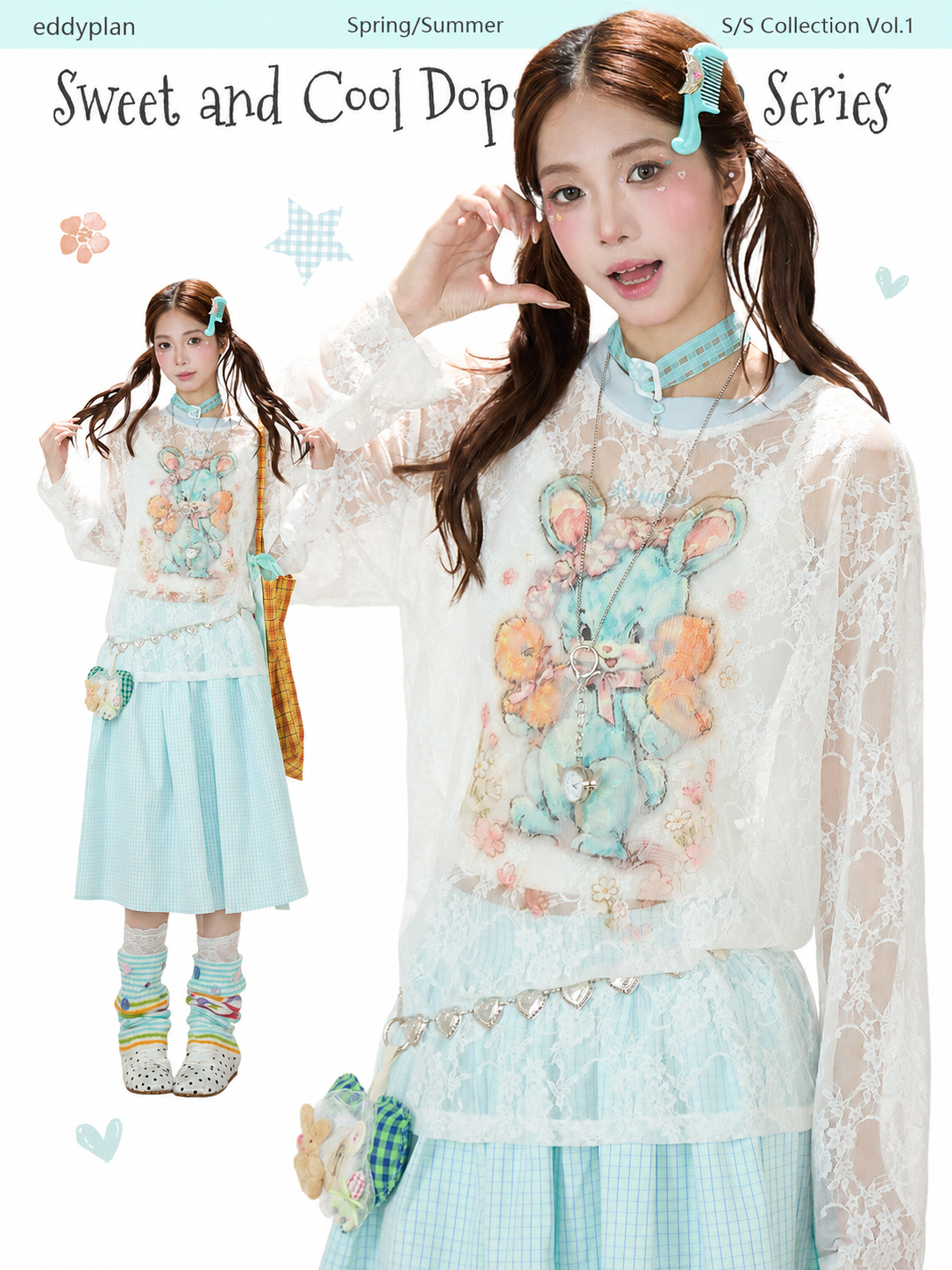 Bunny Sheer Lace Long Sleeve Top & Mint Plaid A-Line Skirt