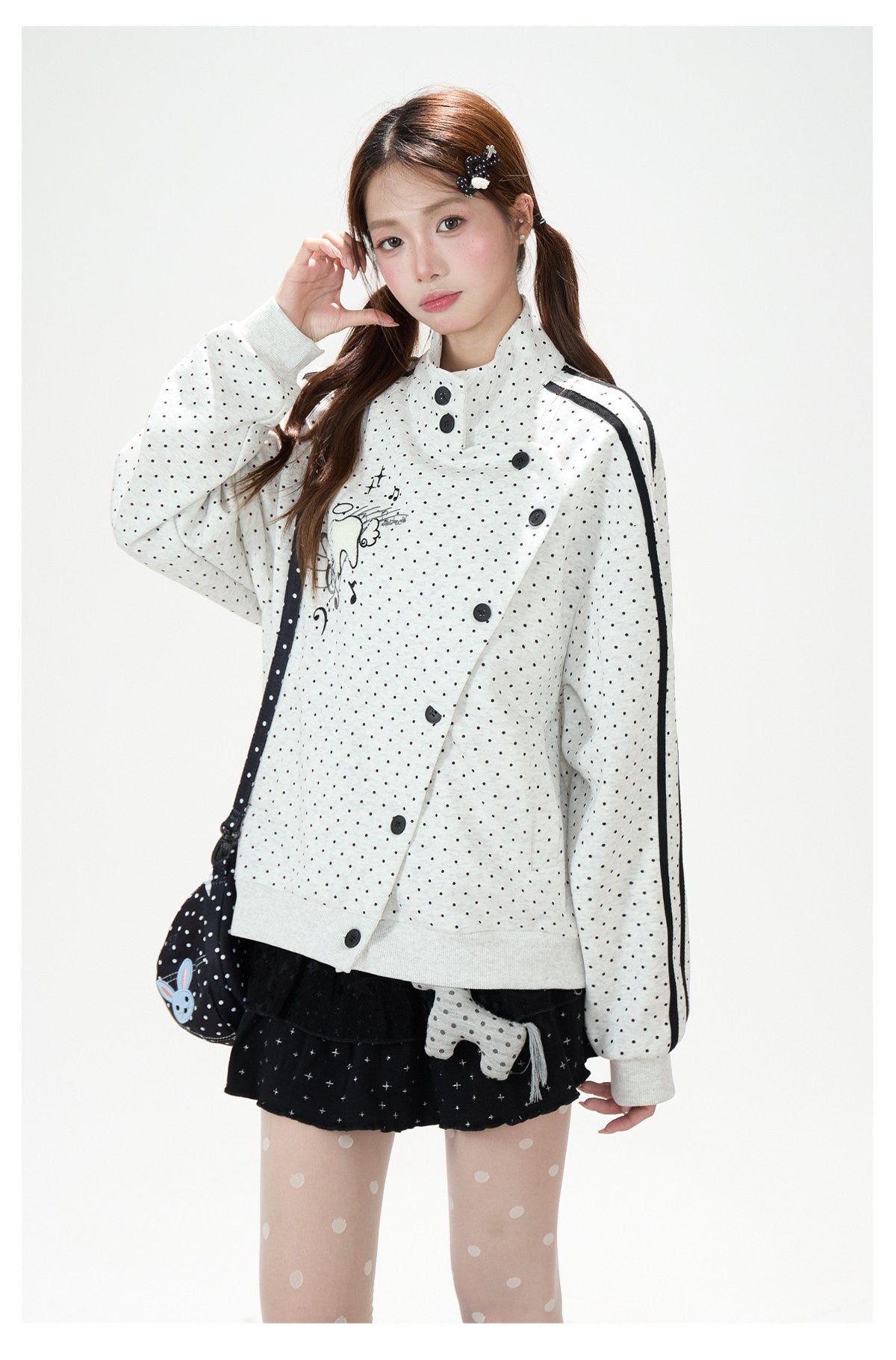 Polka-Dot Stripe Asymmetric Button Jacket & Black Tiered Mini Skirt