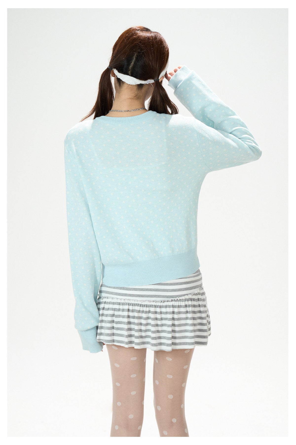 Polka-Dot Soft Knit Cardigan & Gray Mini Skirt
