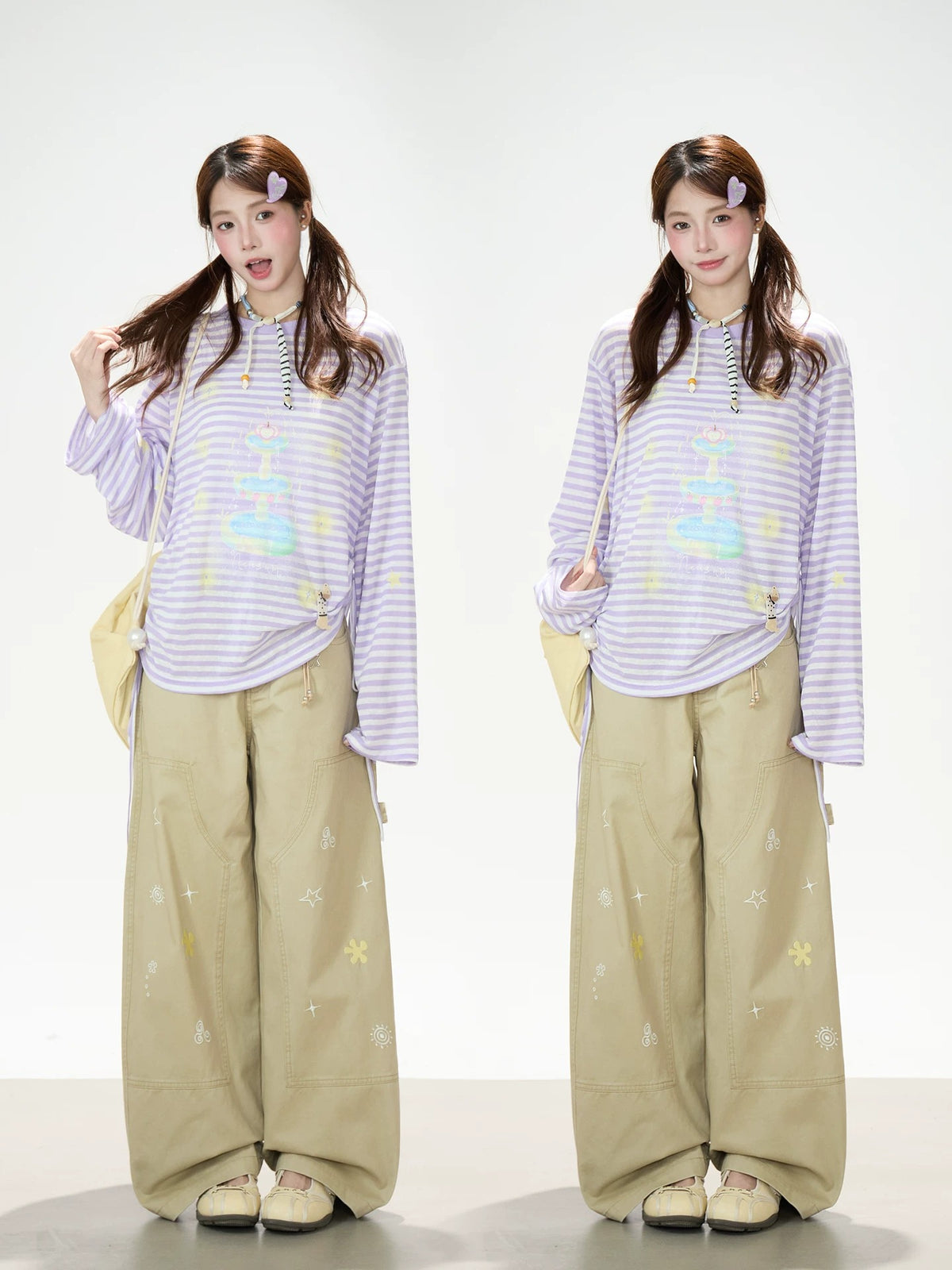 Khaki Embroidered Wide-Leg Cargo Pants