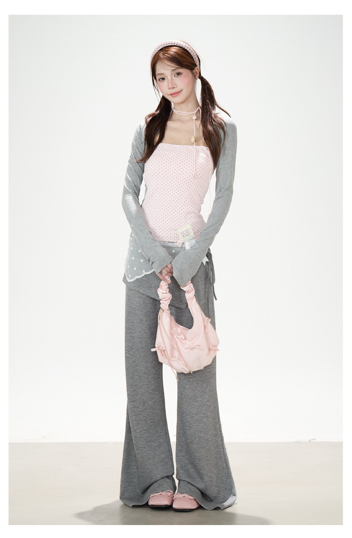 Polka-Dot Layered Cami Long Sleeve Top & Gray Ruffle Shorts