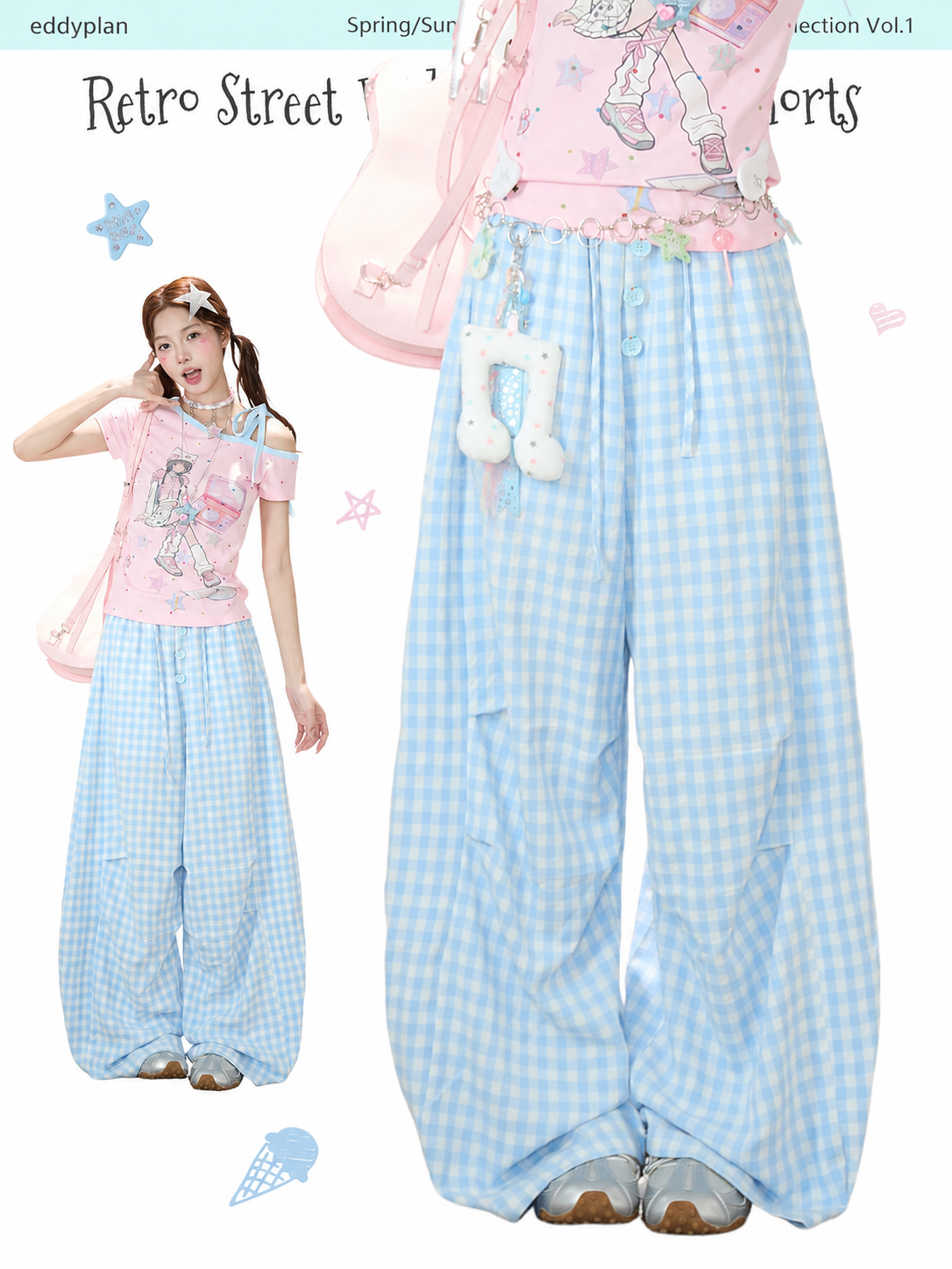Gingham Oversized Wide-Leg Cargo Pants