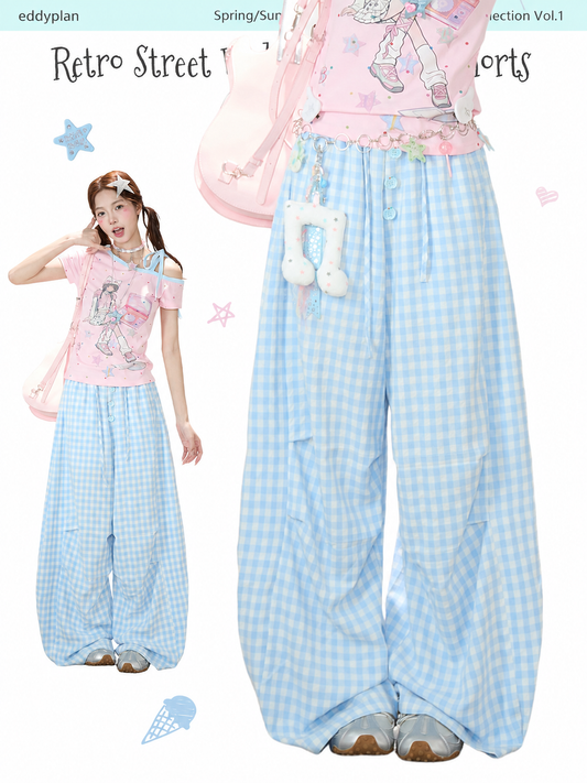 Gingham Oversized Wide-Leg Cargo Pants