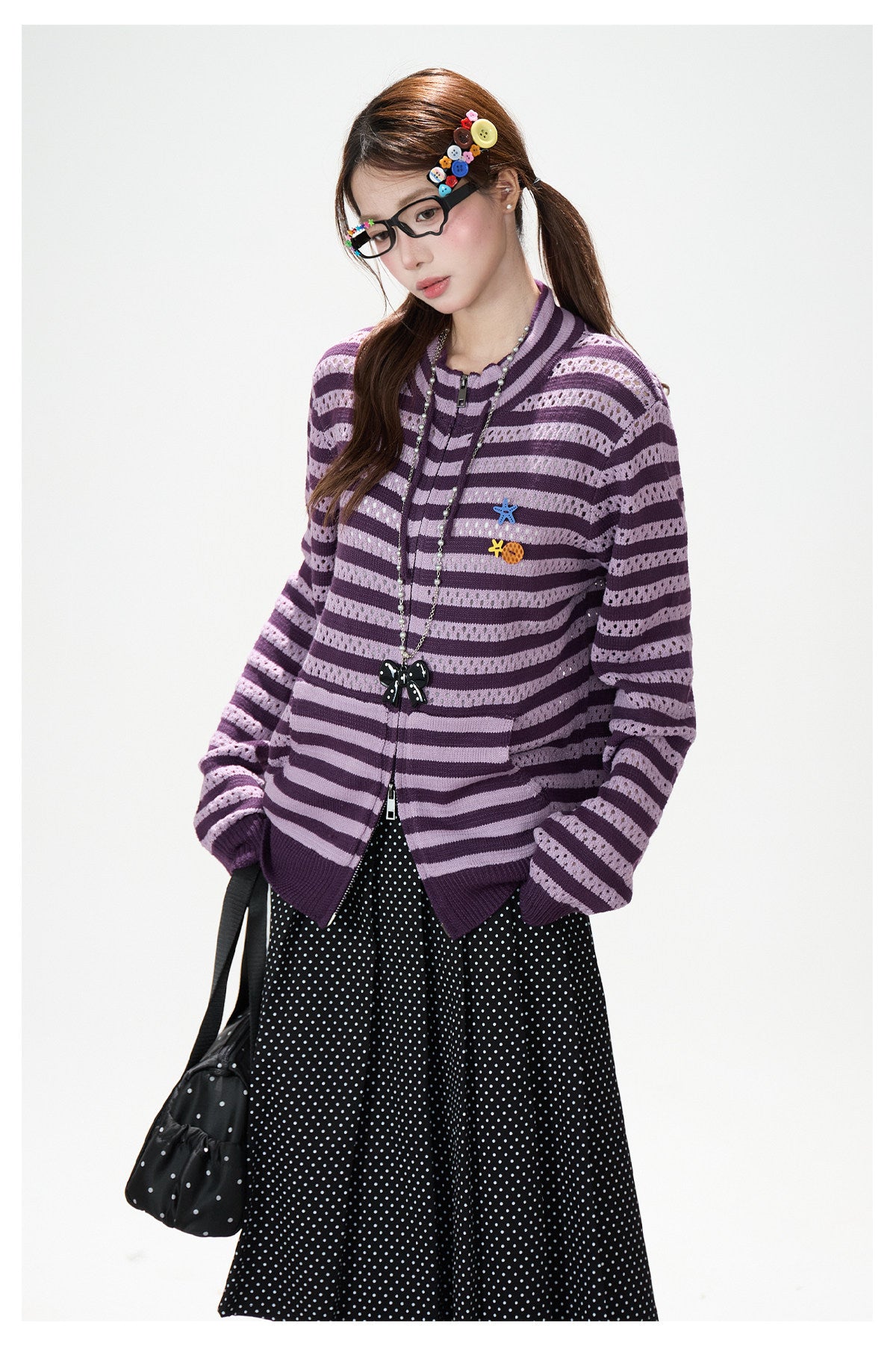 Striped Openwork Knit Cardigan & Black Polka-Dot Pleated Midi Skirt