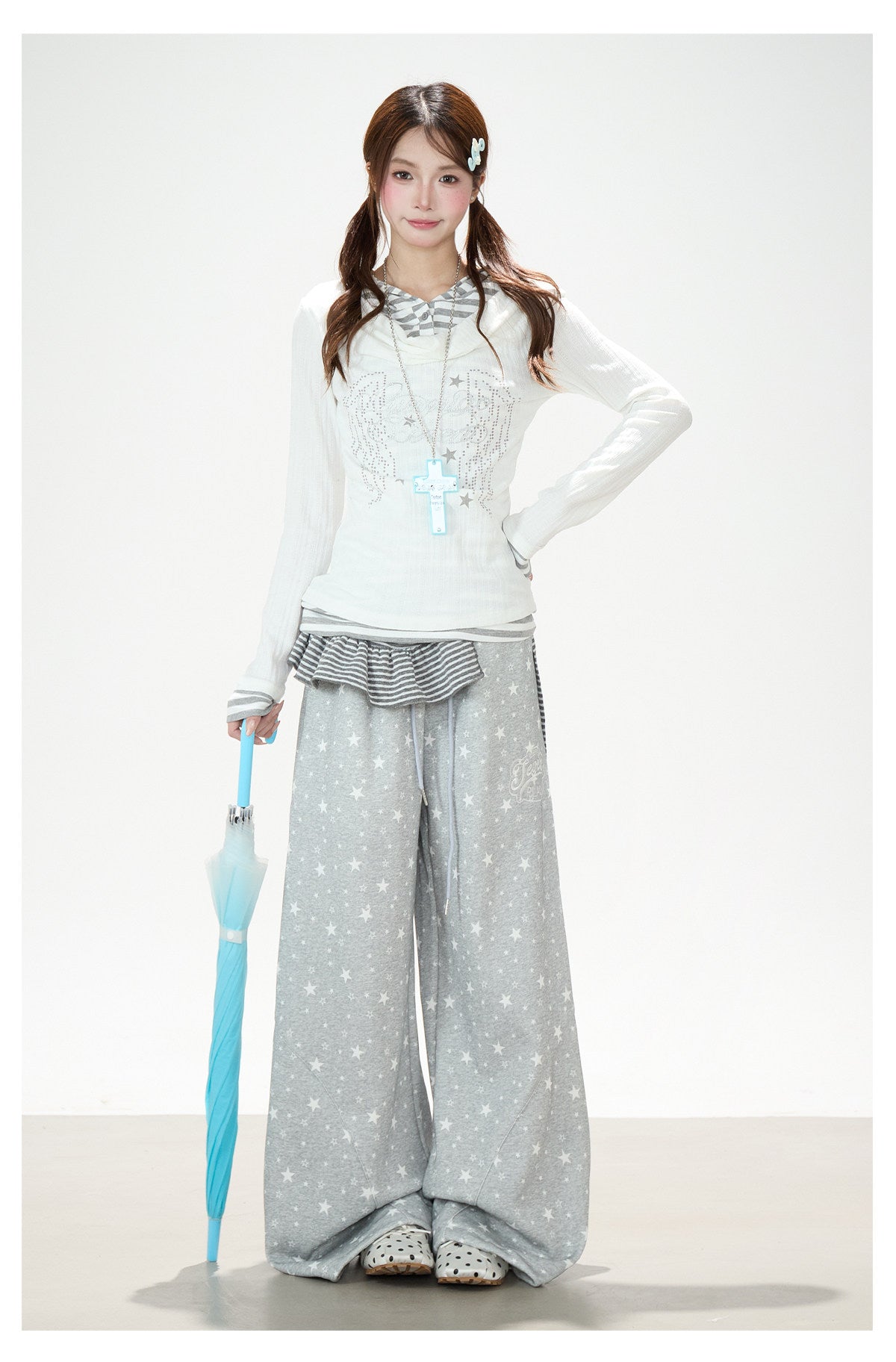 Cowl-Neck Hooded Layered Long Sleeve Top & Gray Wide-Leg Pants