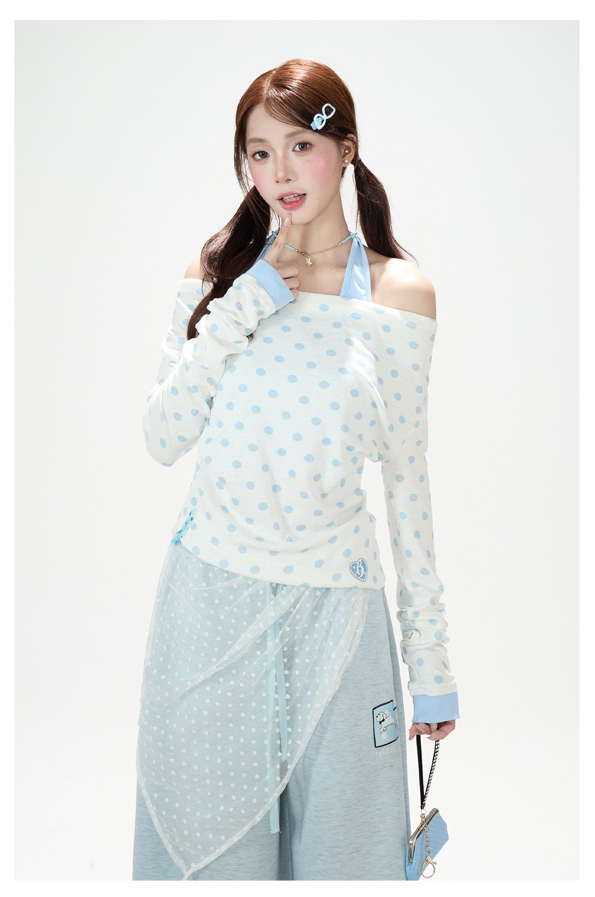 Polka-Dot Off-Shoulder Layered Long Sleeve Top & Blue Wide-Leg Pants