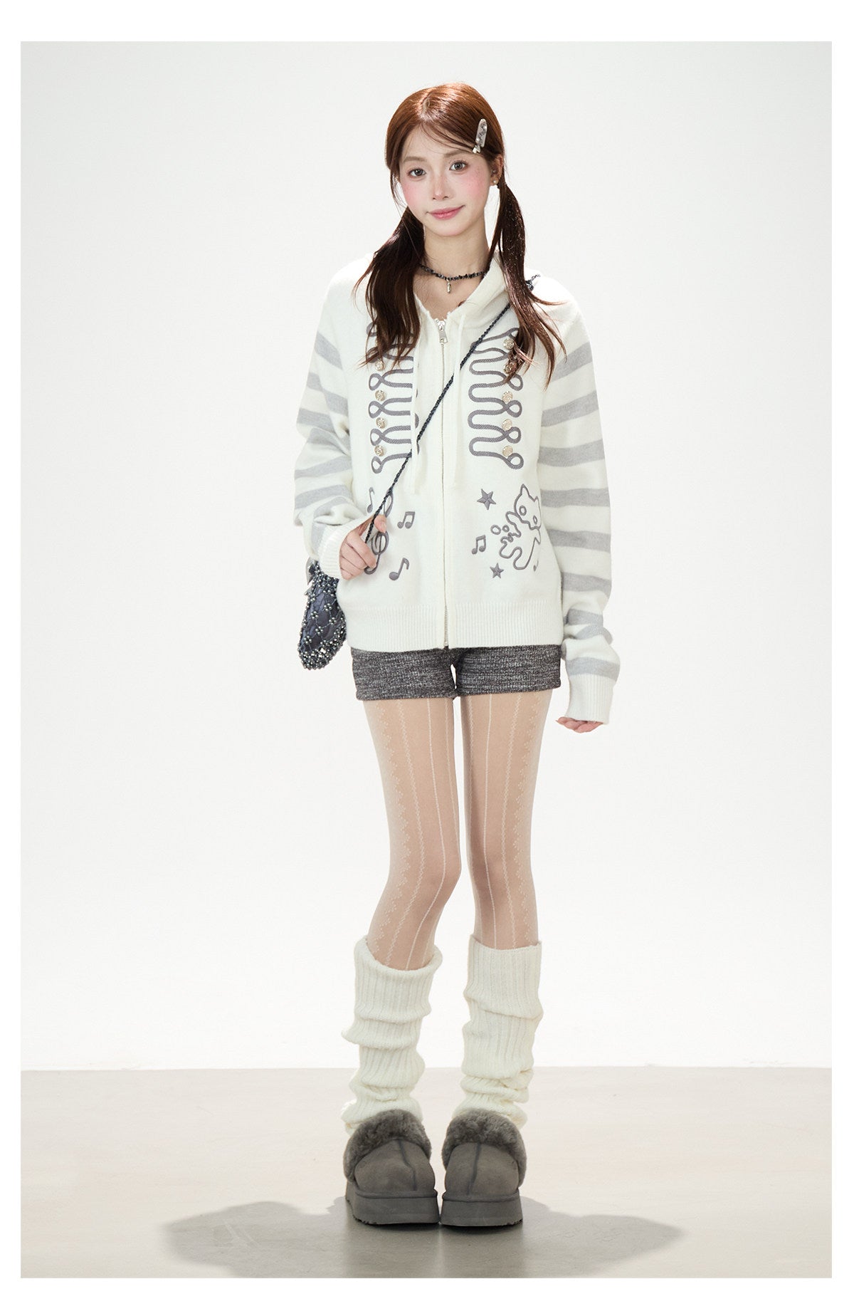 Doodle Stripe Hooded Knit Zip Cardigan
