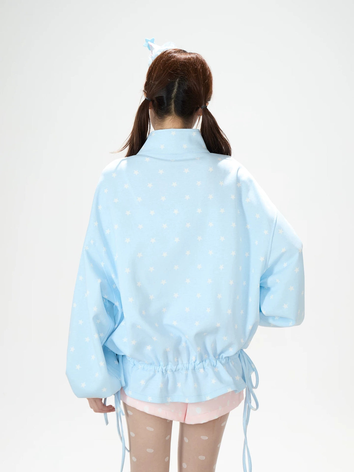 Allover Star Zip-Up Sweatshirt Jacket & Blue Plaid Tiered Midi Skirt