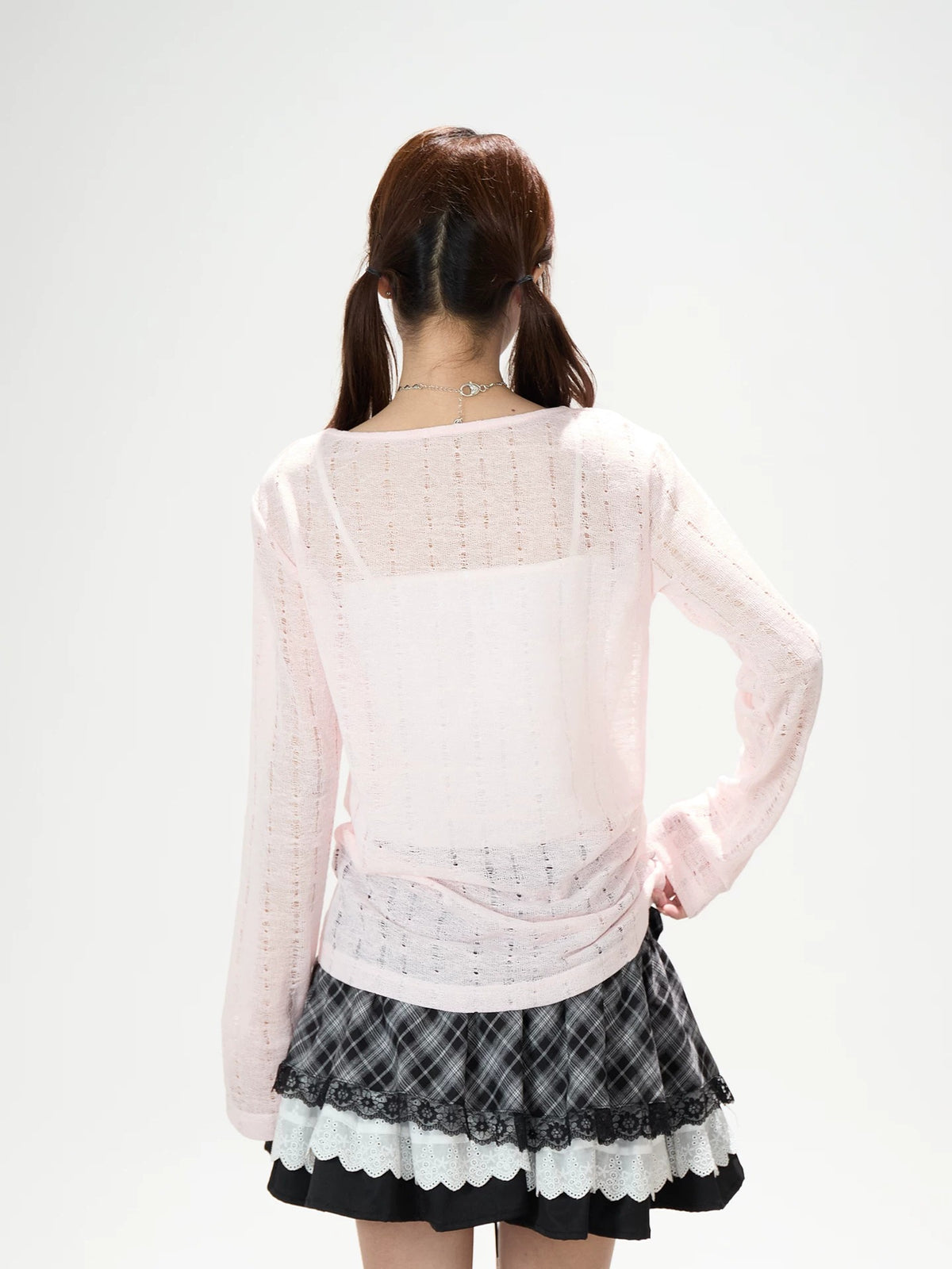 Cartoon Graffiti Cowl-Neck Long Sleeve Top & Black Plaid Lace Mini Skirt