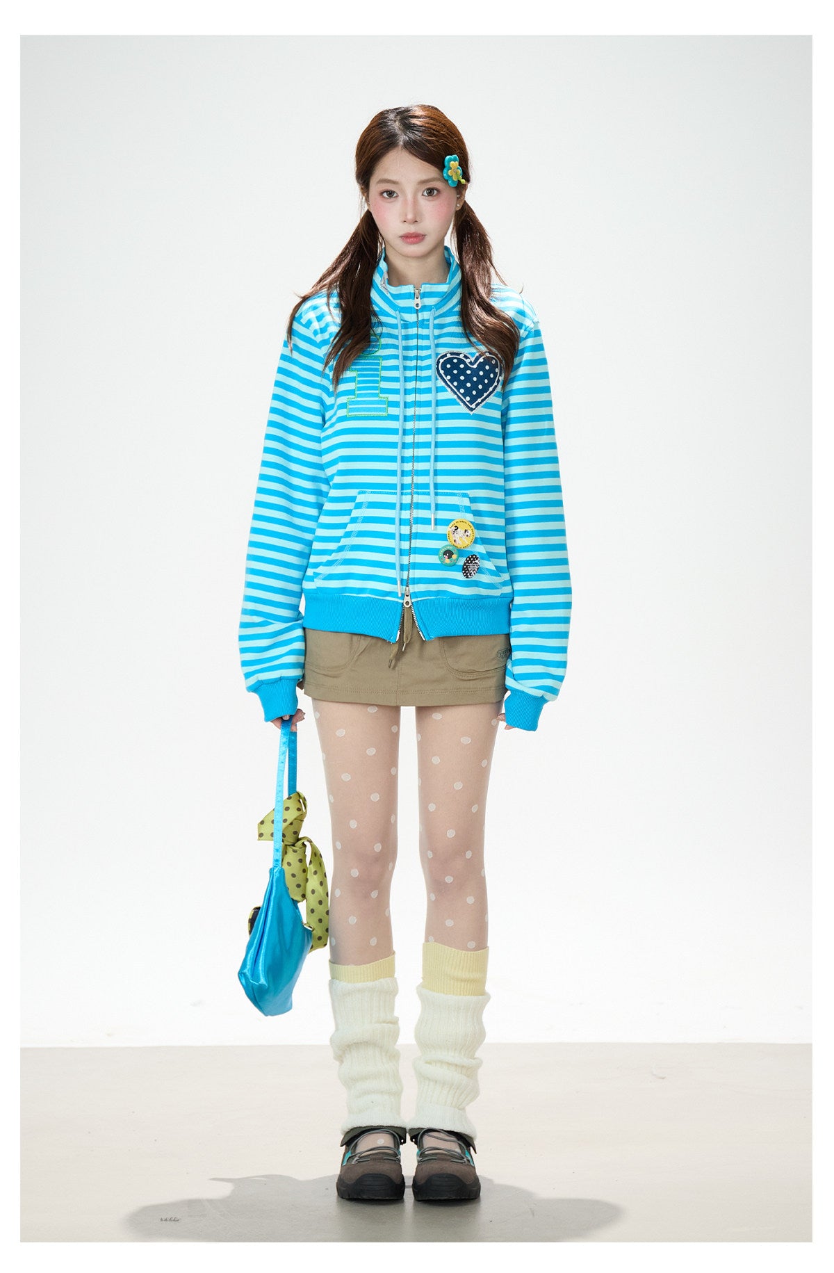 Heart Stripe Zip-Up Sweatshirt Jacket & White Star Shorts