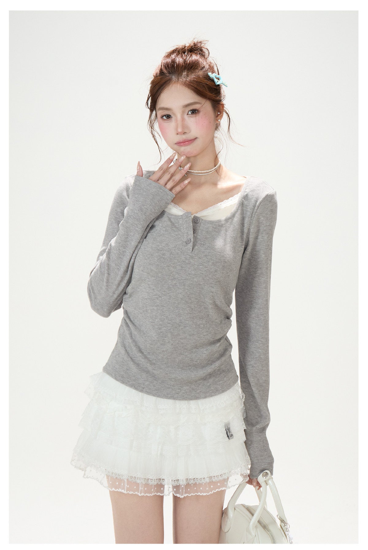 Faux-Layered V-Neck Long Sleeve Top & Ruffle Mini Skirt