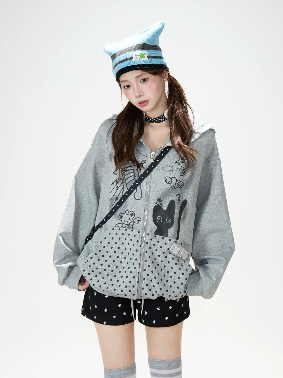 Cartoon Polka-Dot Zip-Up Hoodie & Star Print Shorts