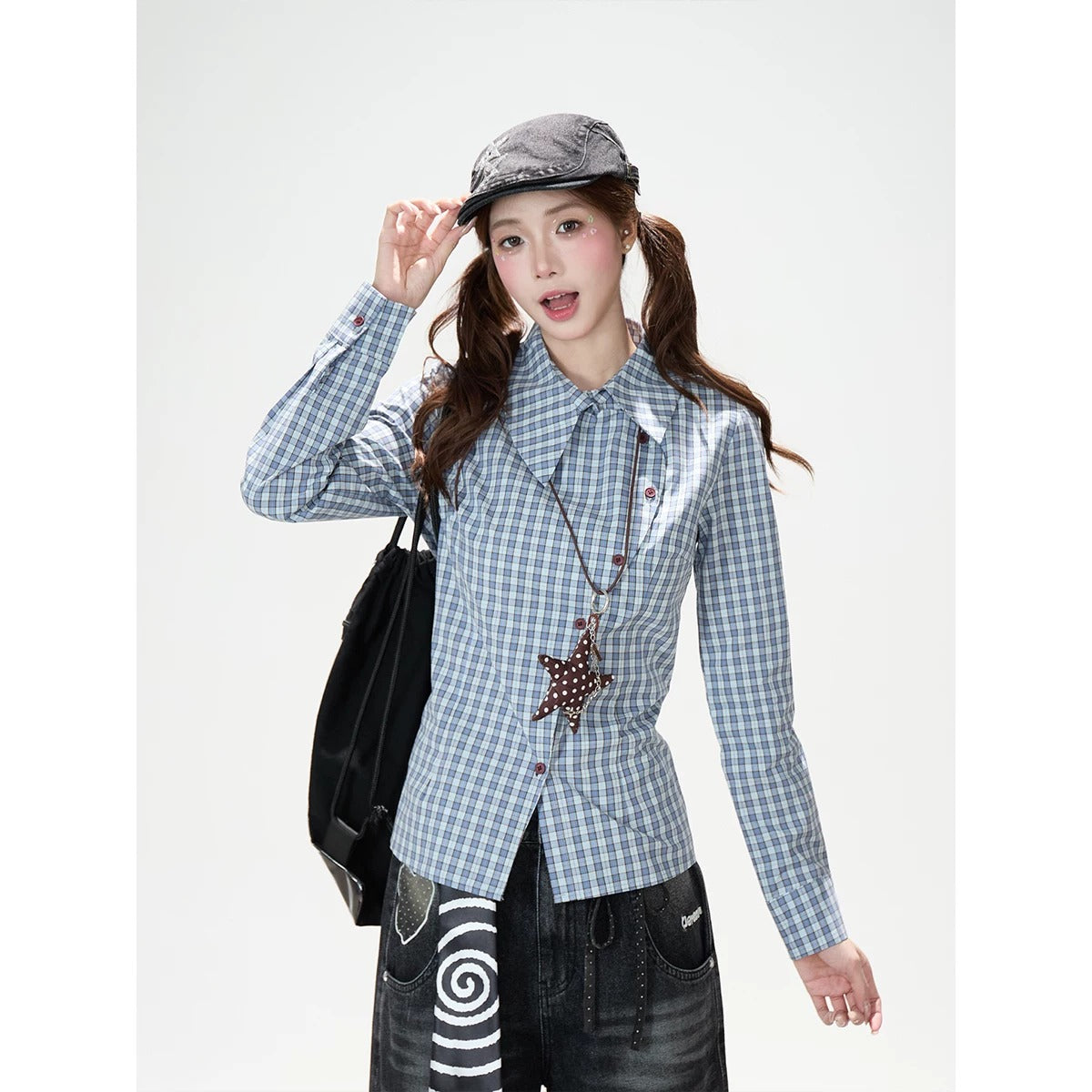 Blue Check Asymmetrical Shirt & Washed Wide-Leg Pants