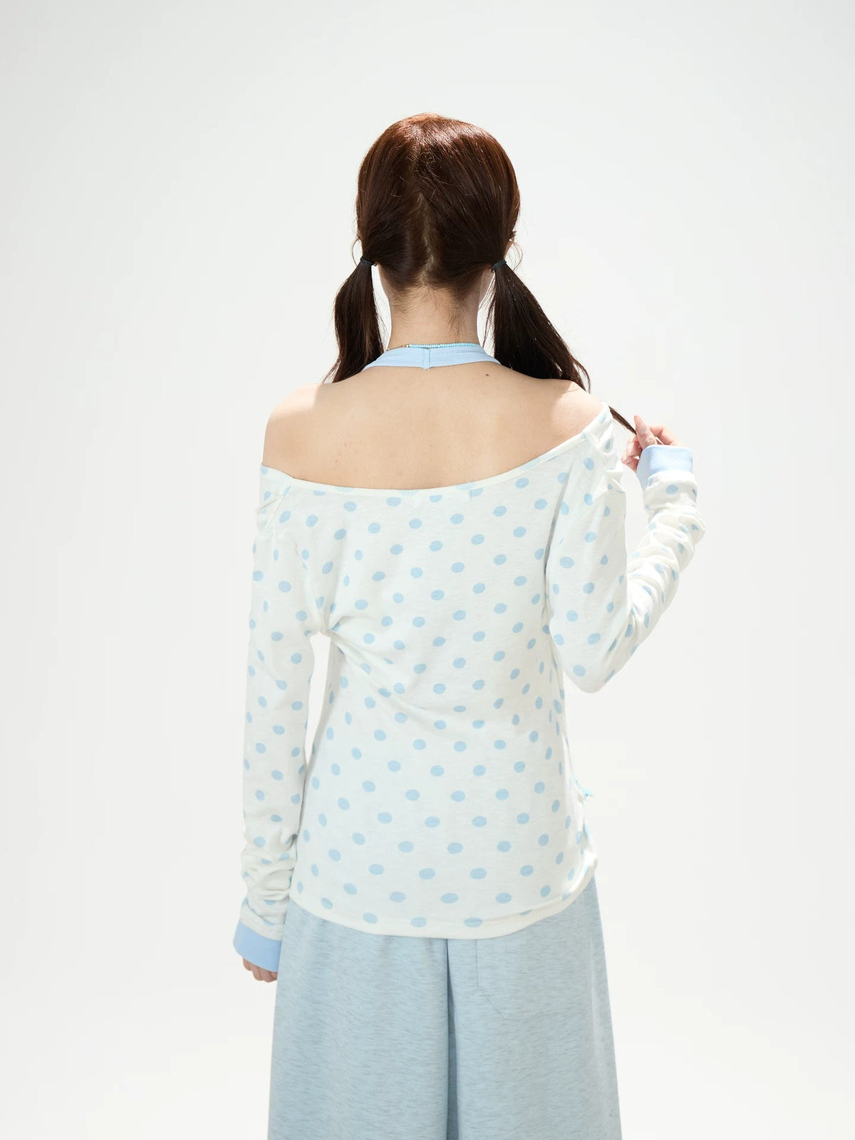 Polka-Dot Off-Shoulder Layered Long Sleeve Top & Blue Wide-Leg Pants