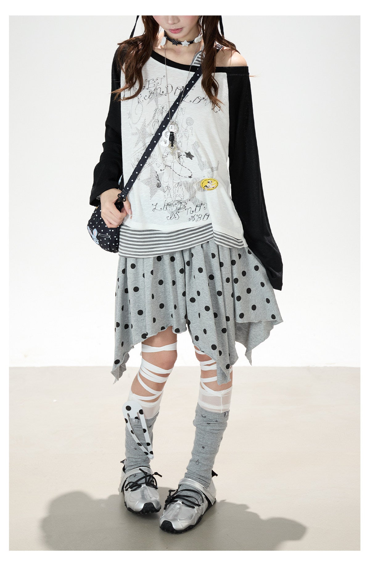 Cartoon Girl Off-Shoulder Long Sleeve Top & Asymmetric Polka-Dot Mini Skirt