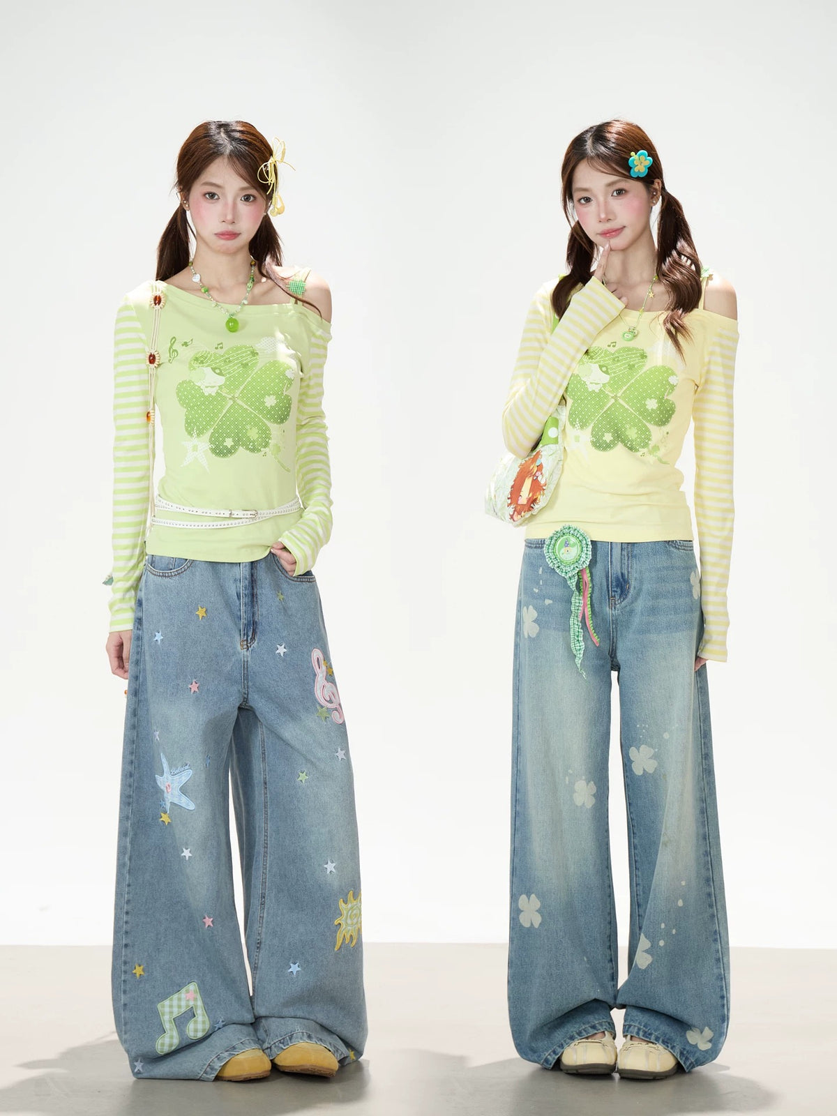 Clover Stripe Off-Shoulder Long Sleeve Top & Star Music Note Wide-Leg Jeans
