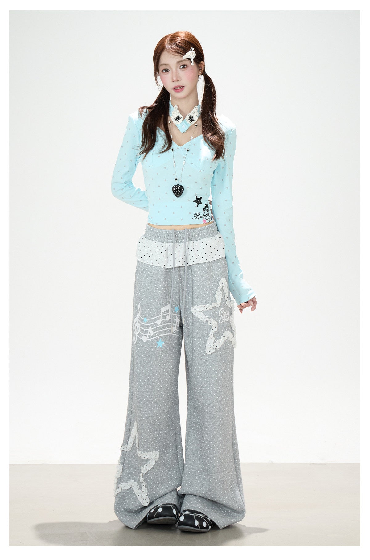 Polka-Dot V-Neck Long Sleeve Top & Lace Star Wide-Leg Pants