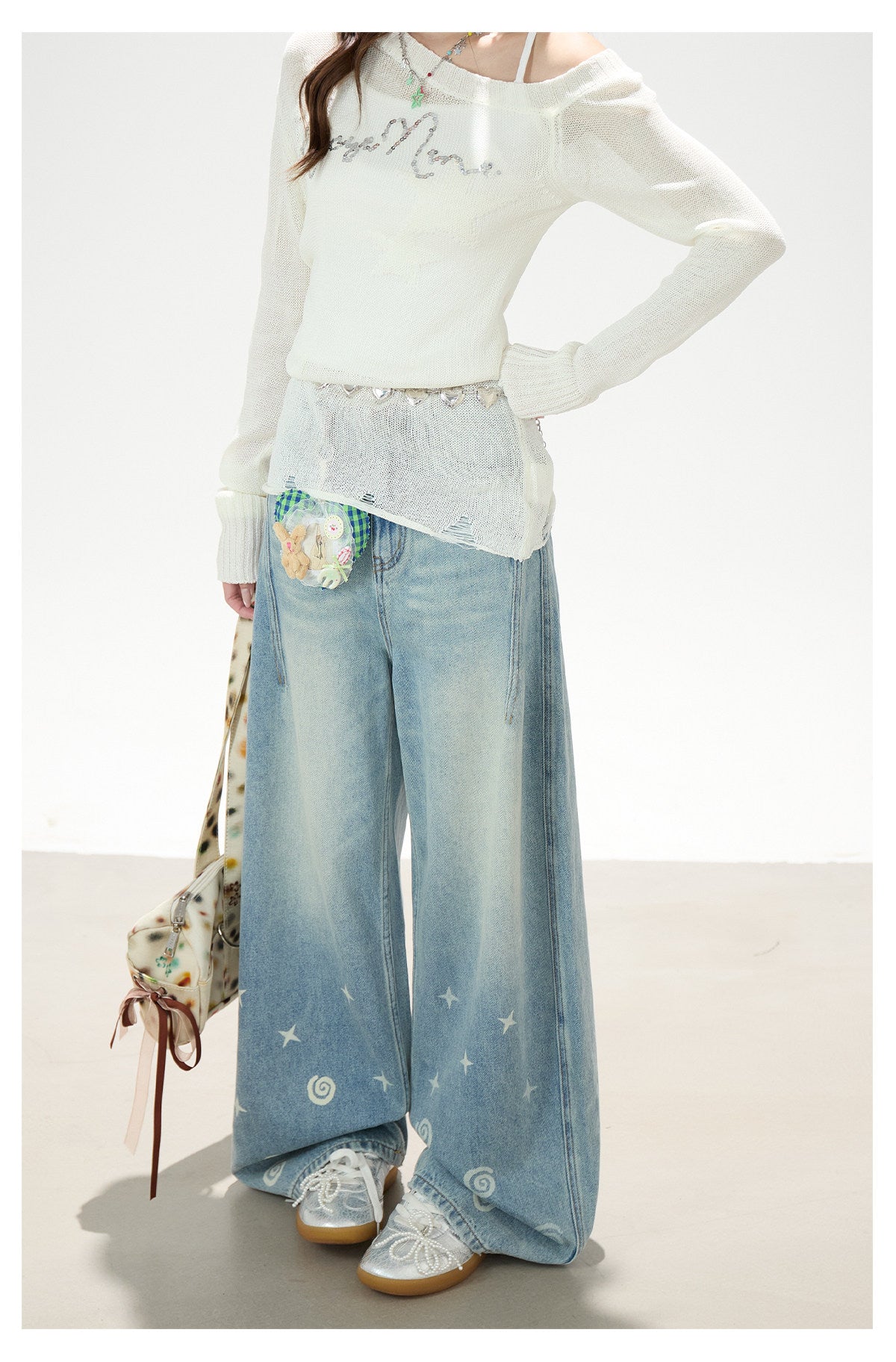Playful Star Print Washed Wide-Leg Jeans