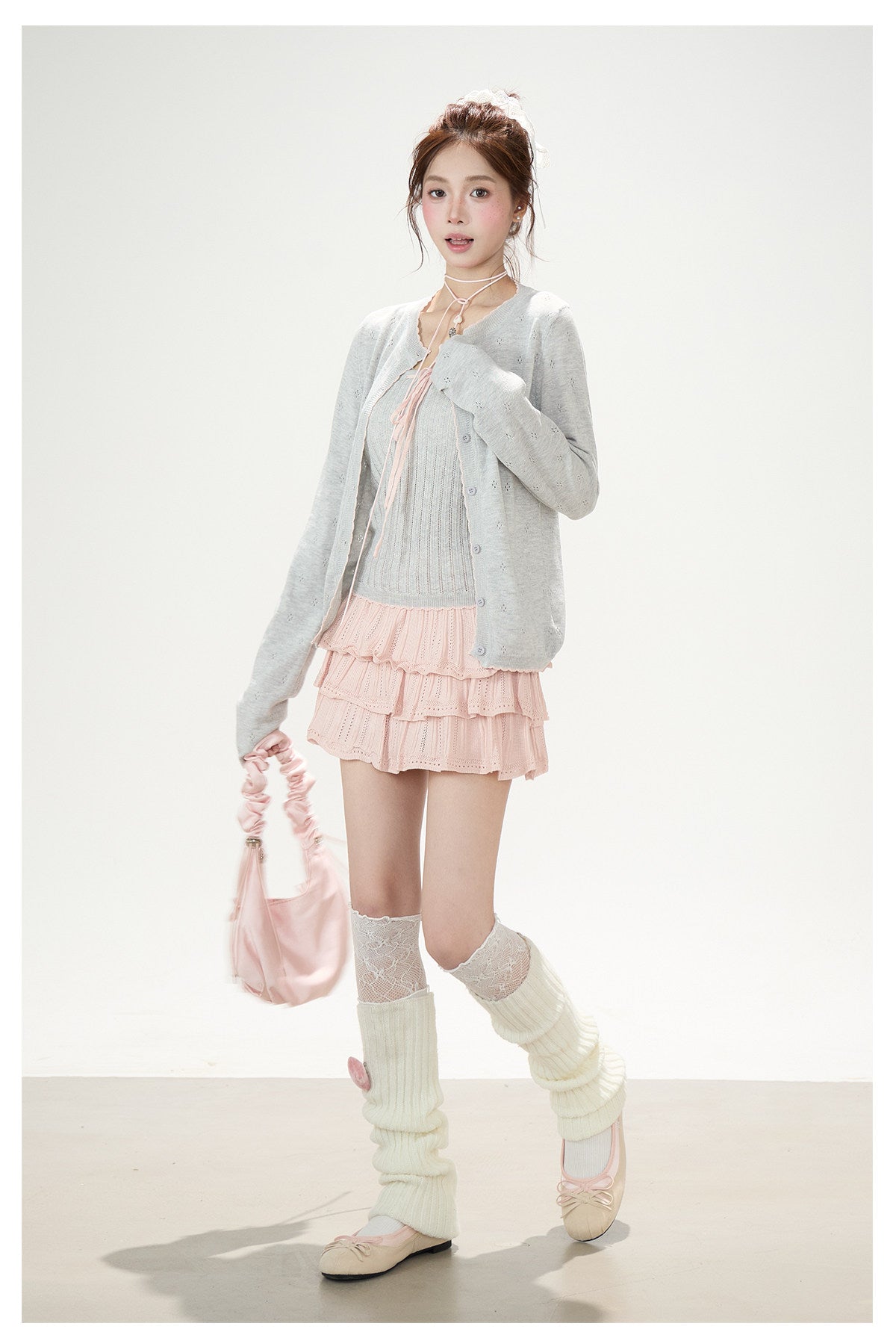Pointelle Bow Cardigan & Cami Knit Set & Tiered Ruffle Mini Skirt