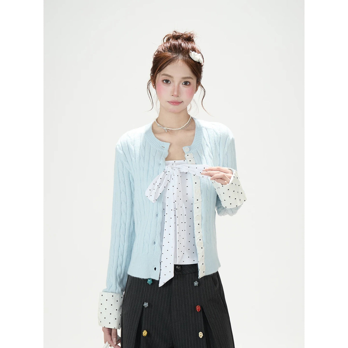 Polka-Dot Bow Knit Cardigan & Black Pinstripe Wide-Leg Pants