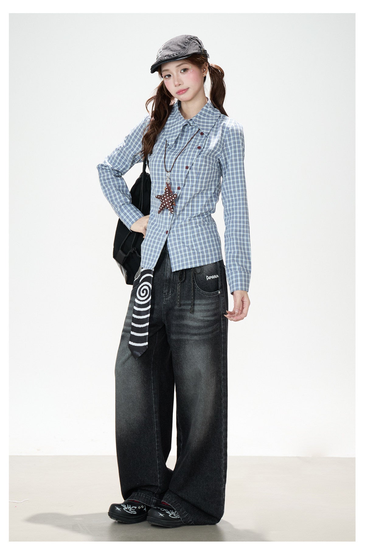 Blue Check Asymmetrical Shirt & Washed Wide-Leg Pants