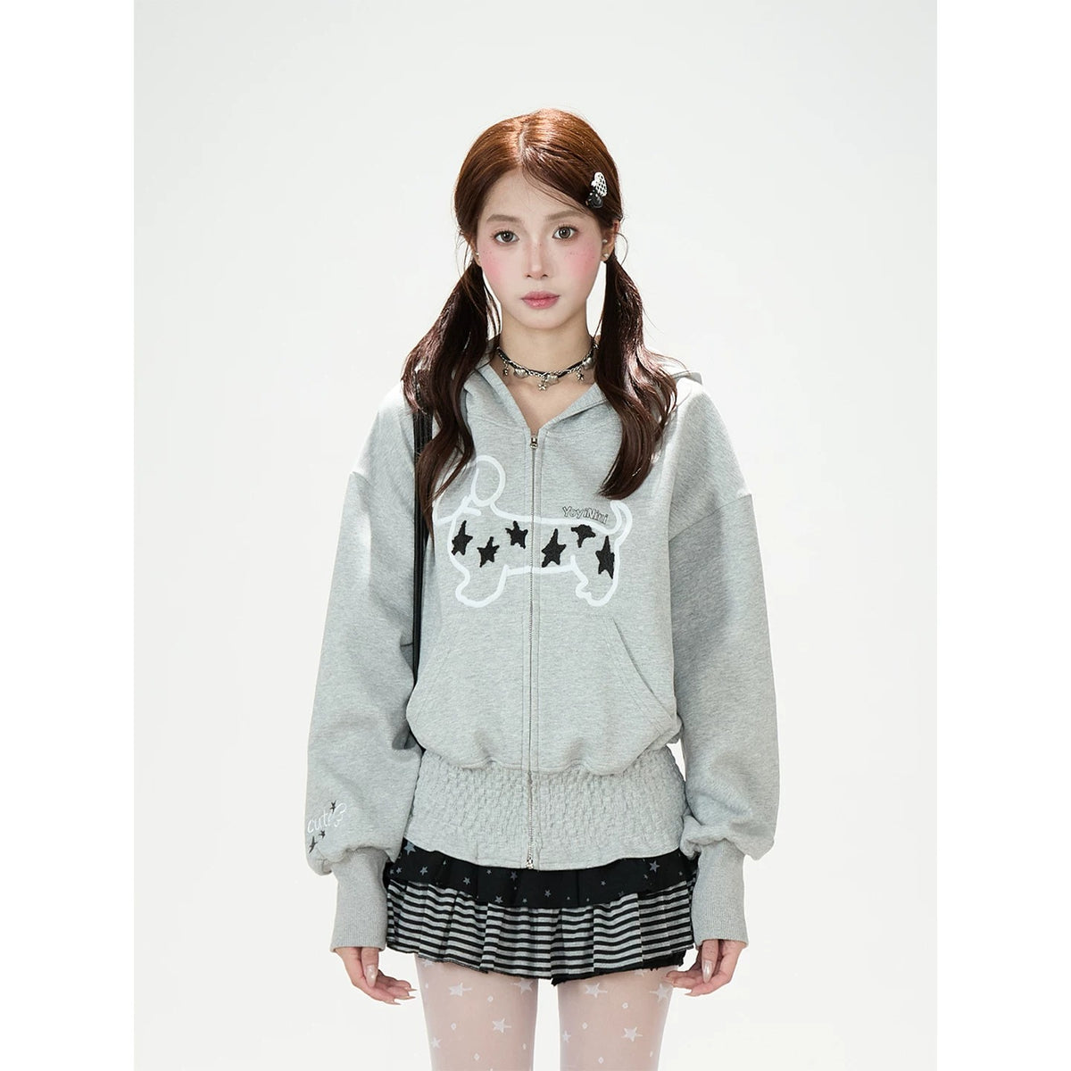 Star Puppy Zip-Up Hoodie & Black Stripe Ruffle Mini Skirt