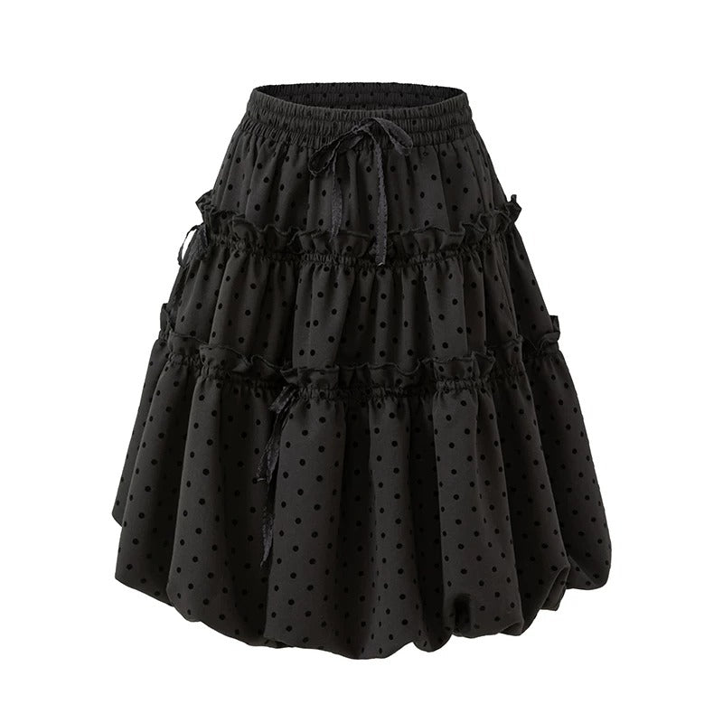 Lace Cross Stripe Zip-Up Hoodie & Black Polka-Dot Ruffle Midi Skirt
