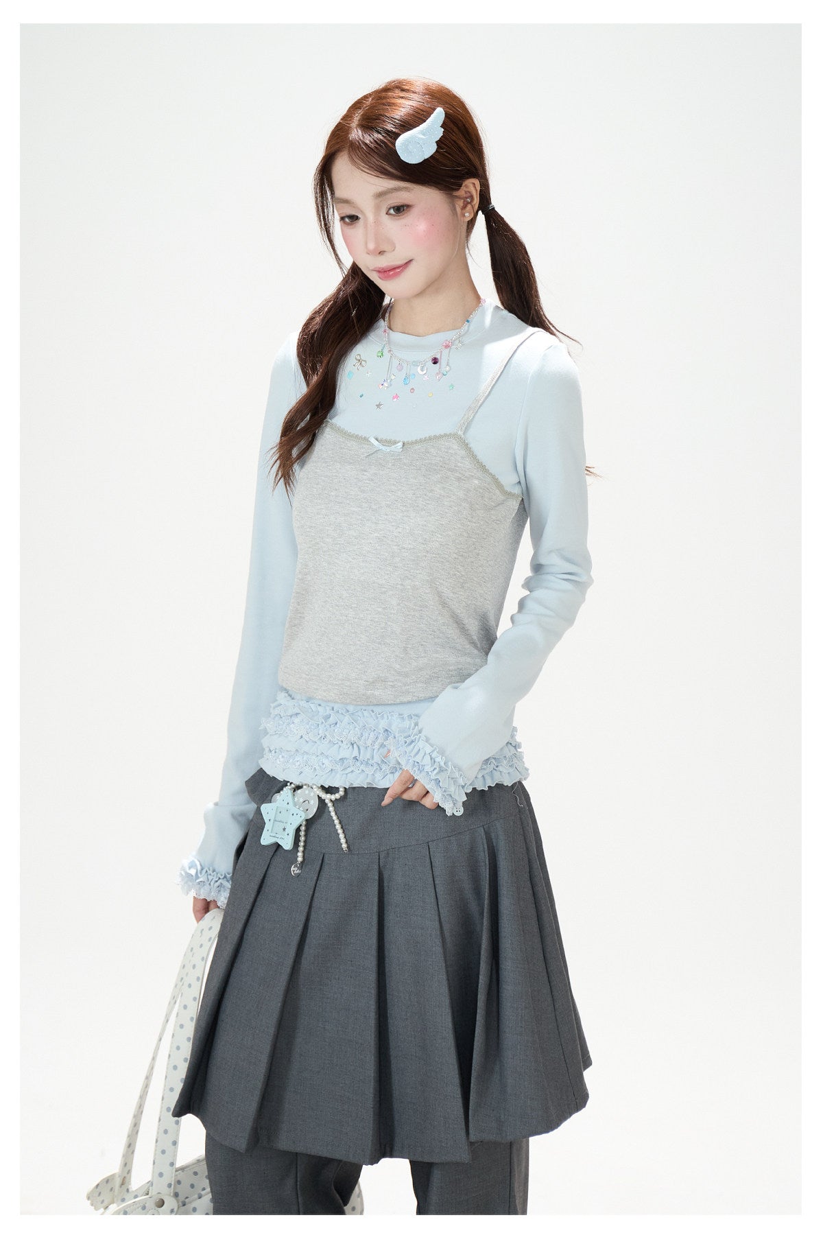 Ruffle Hem Layered Cami Long Sleeve Top & Washed Wide-Leg Jeans