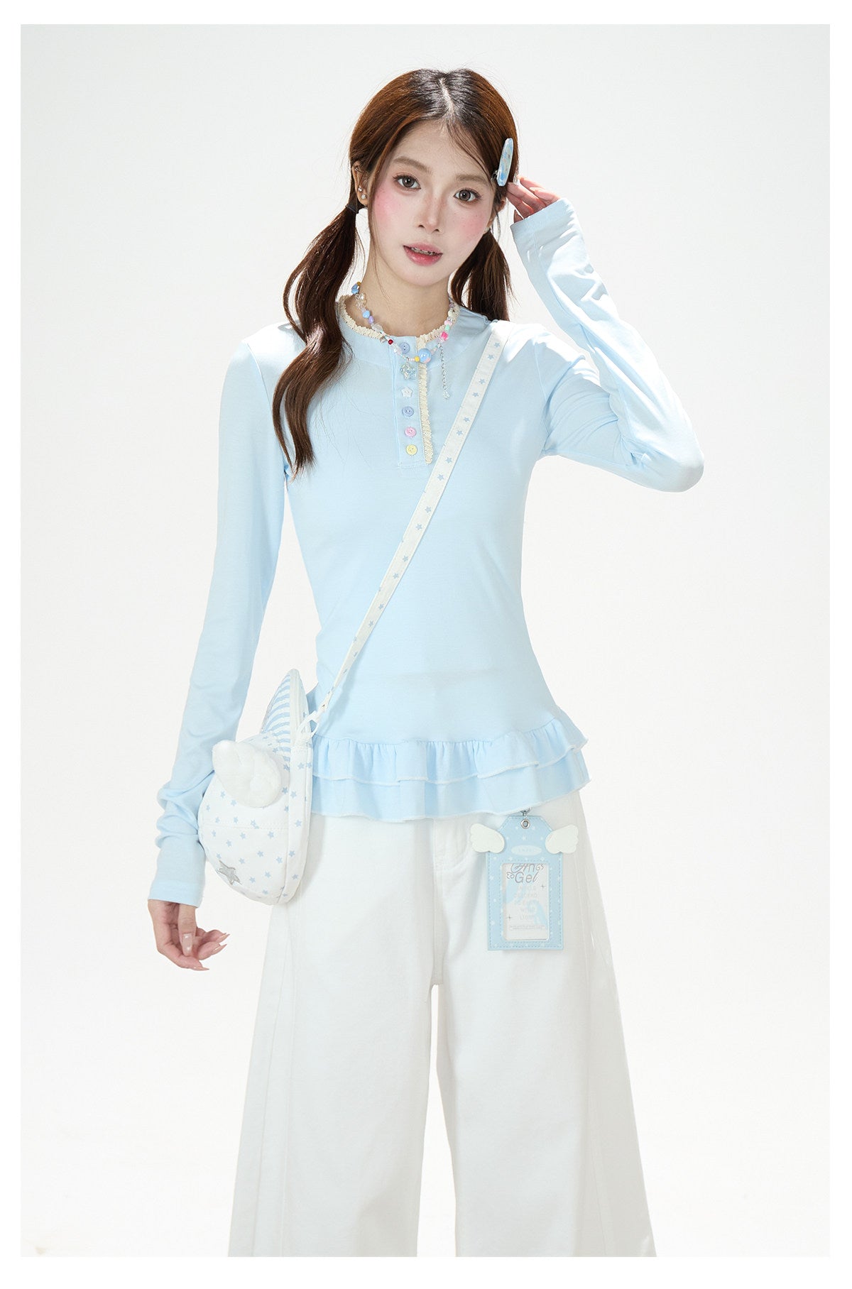 Ruffle Hem Button Long Sleeve Top & White Wide-Leg Pants