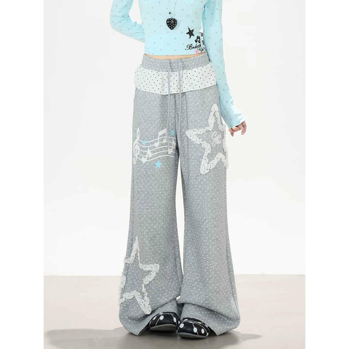 Polka-Dot V-Neck Long Sleeve Top & Lace Star Wide-Leg Pants