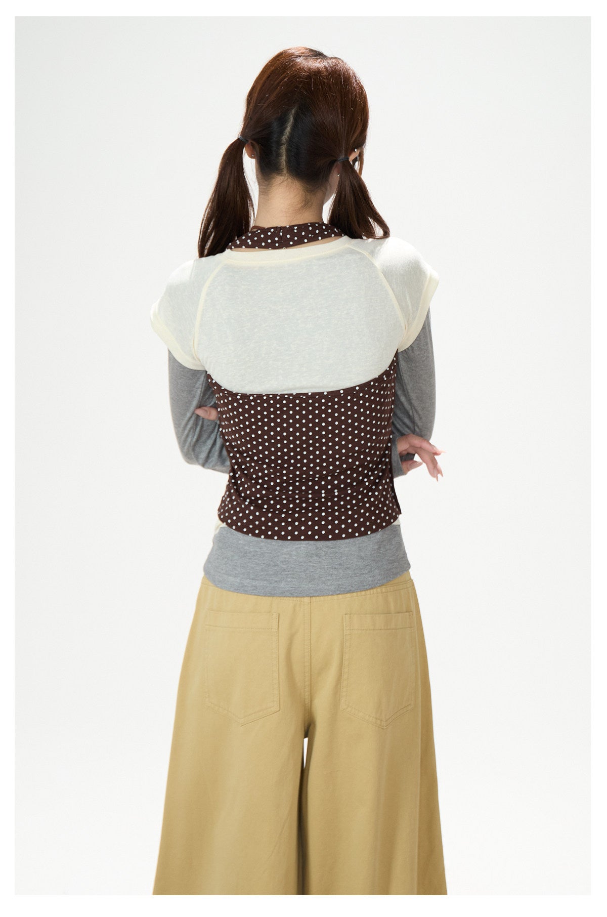 Coffee Polka-Dot Layered Long Sleeve Top