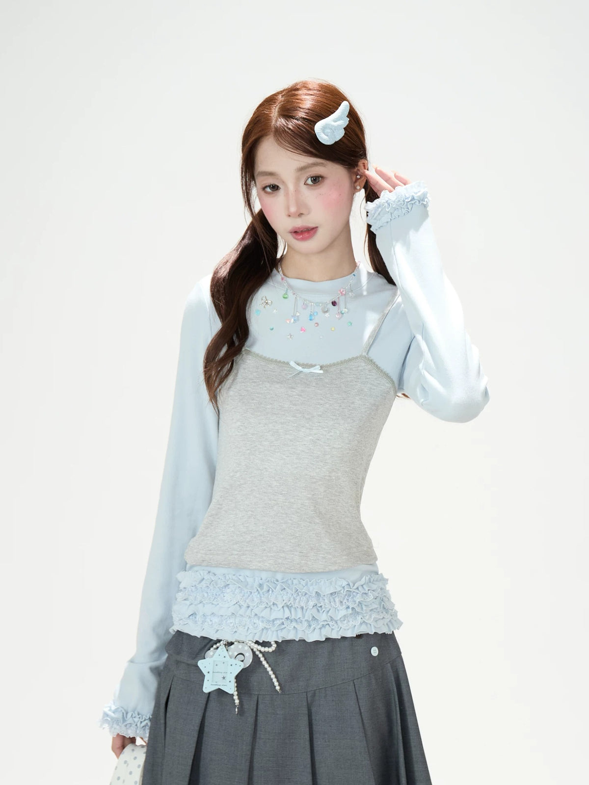 Ruffle Hem Layered Cami Long Sleeve Top & Washed Wide-Leg Jeans