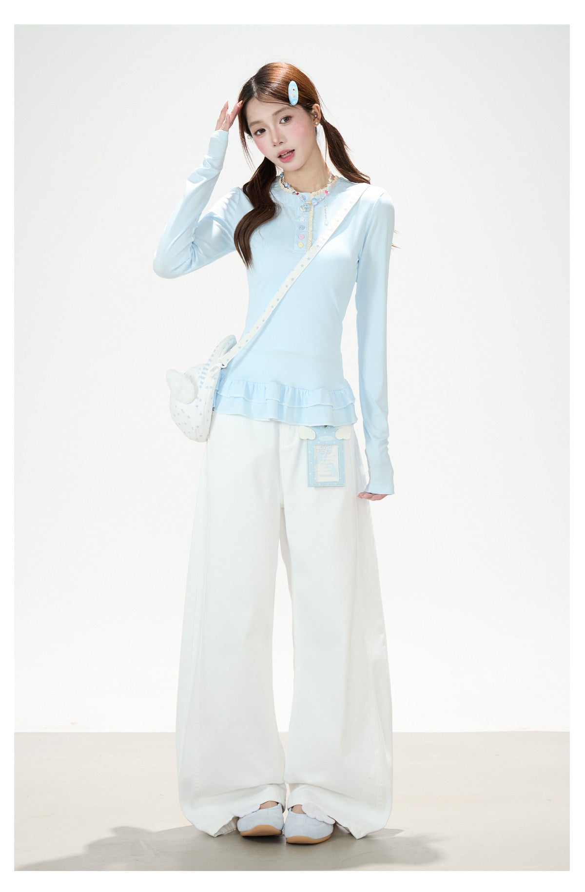Ruffle Hem Button Long Sleeve Top & White Wide-Leg Pants