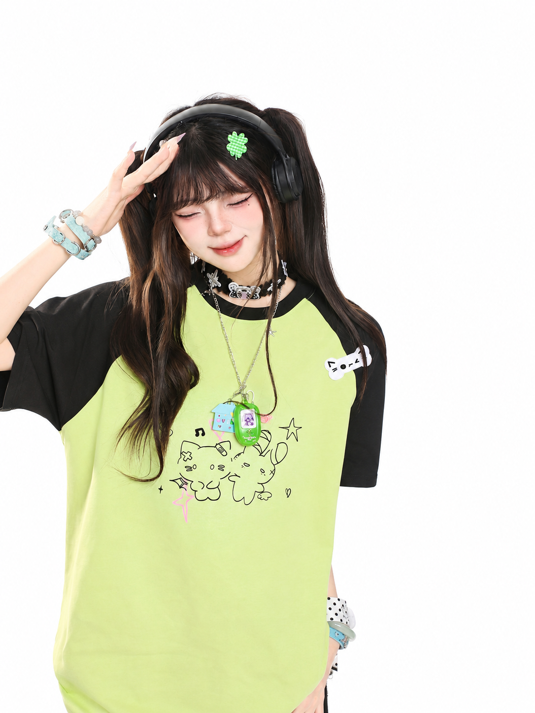 Kitty Sketch Colorblock Raglan Oversized Tee