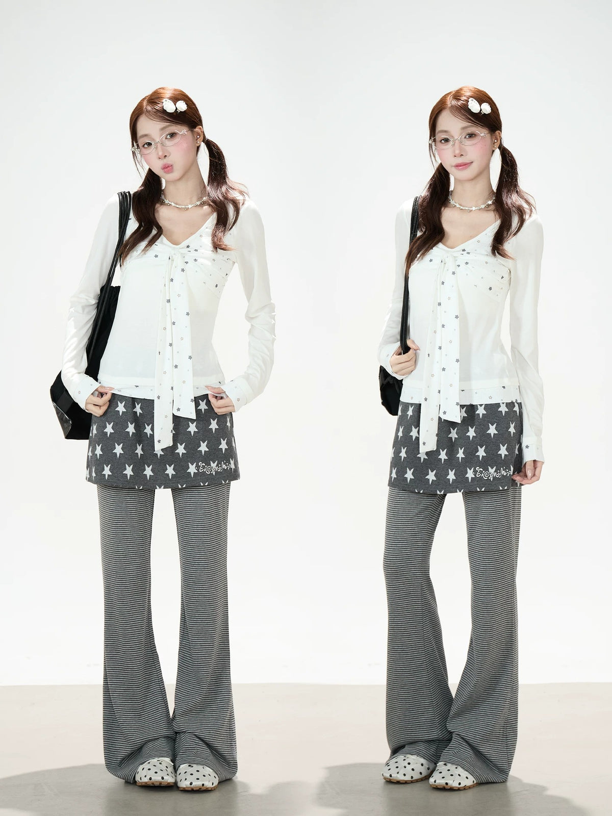 Star Bow-Tie Long Sleeve Top & Star Skirt-Layer Stripe Flared Pants
