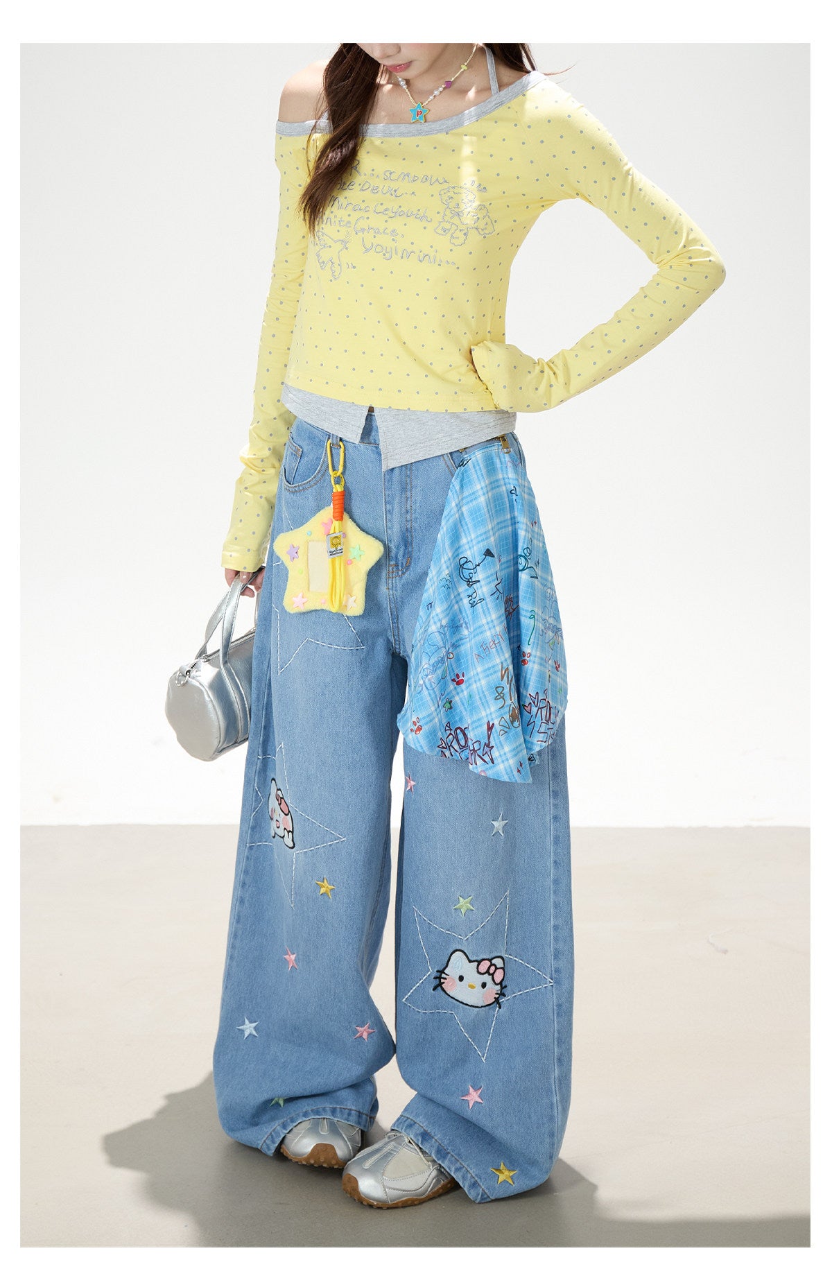 Letter Polka-Dot Off-Shoulder Layered Long Sleeve Top & Cartoon Star Wide-Leg Jeans with Charm