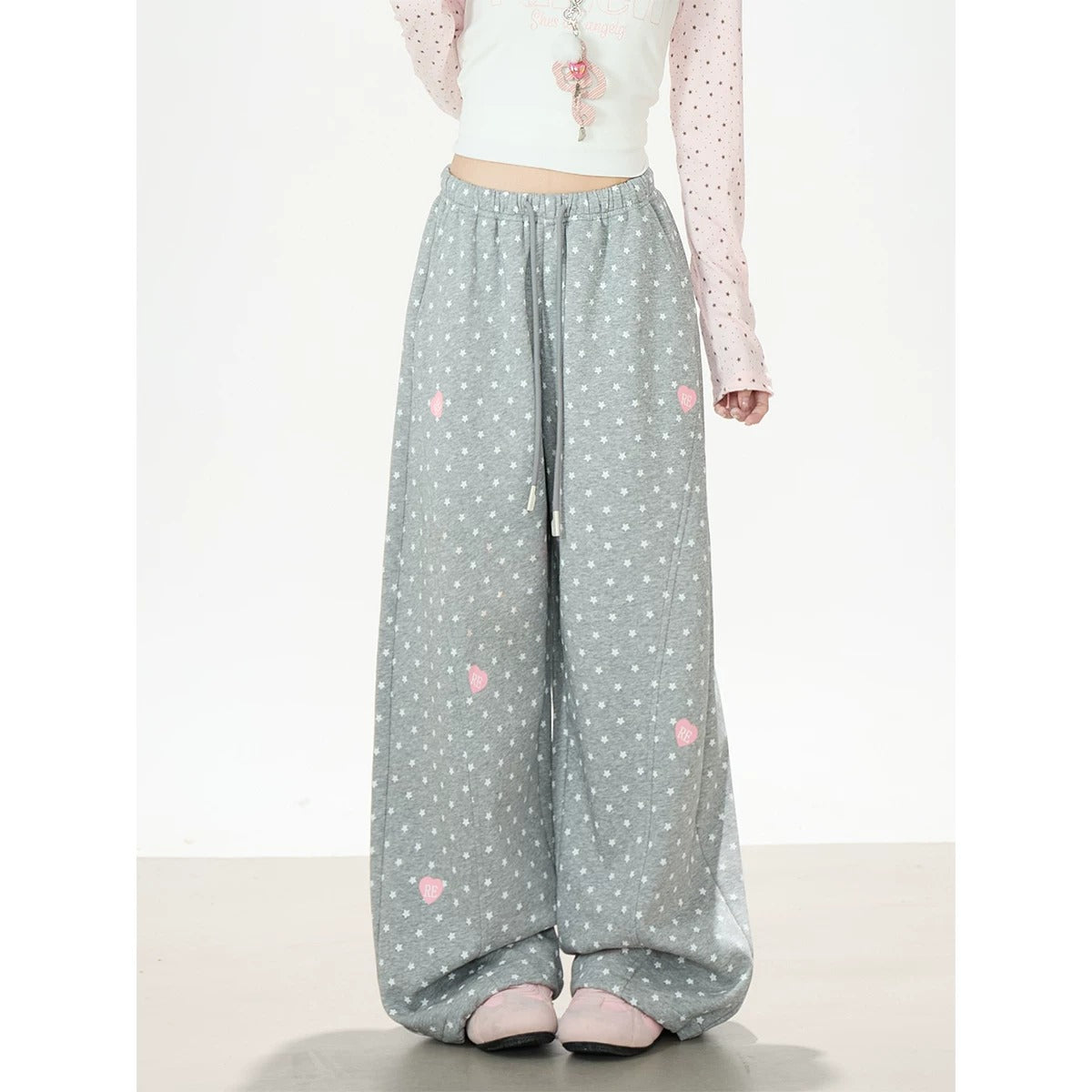 Pink Star Raglan Long Sleeve Top & Gray Heart Star Wide-Leg Pants