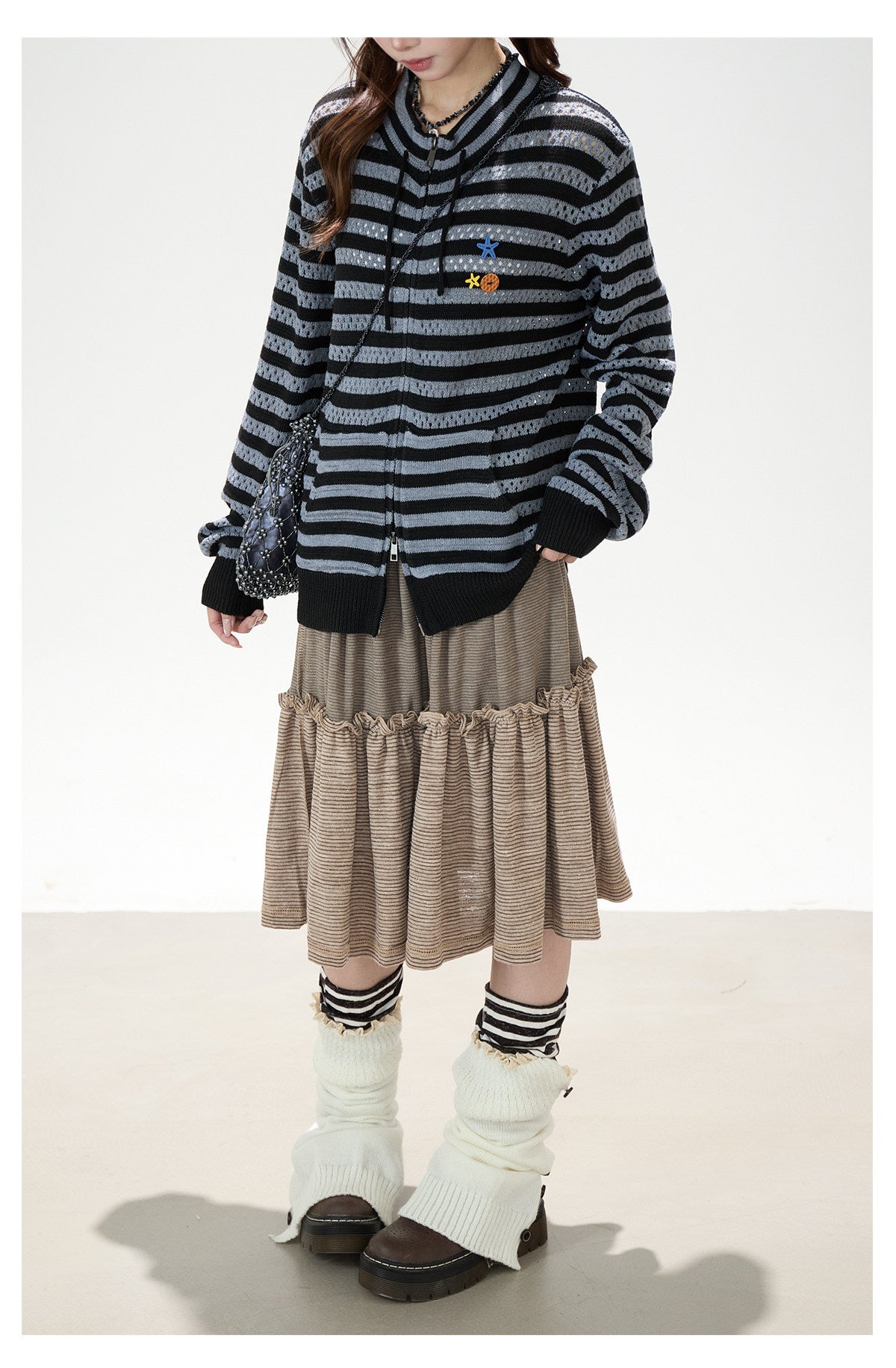 Striped Openwork Knit Cardigan & Black Polka-Dot Pleated Midi Skirt