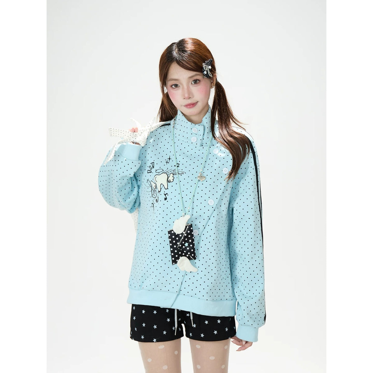 Polka-Dot Stripe Asymmetric Button Jacket & Black Tiered Mini Skirt