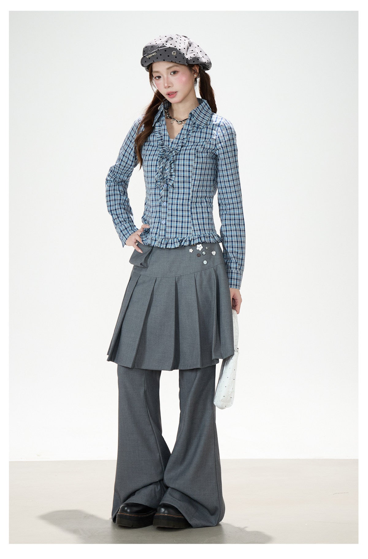 Pleated Skirt-Layer Flared Pants