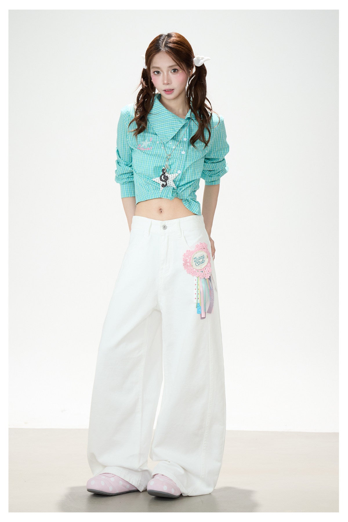 Green Check Fitted Shirt & White Wide-Leg Pants