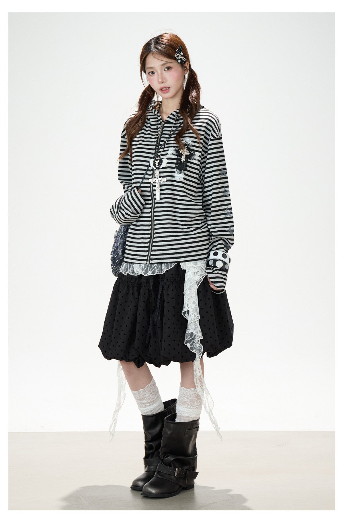 Lace Cross Stripe Zip-Up Hoodie & Black Polka-Dot Ruffle Midi Skirt