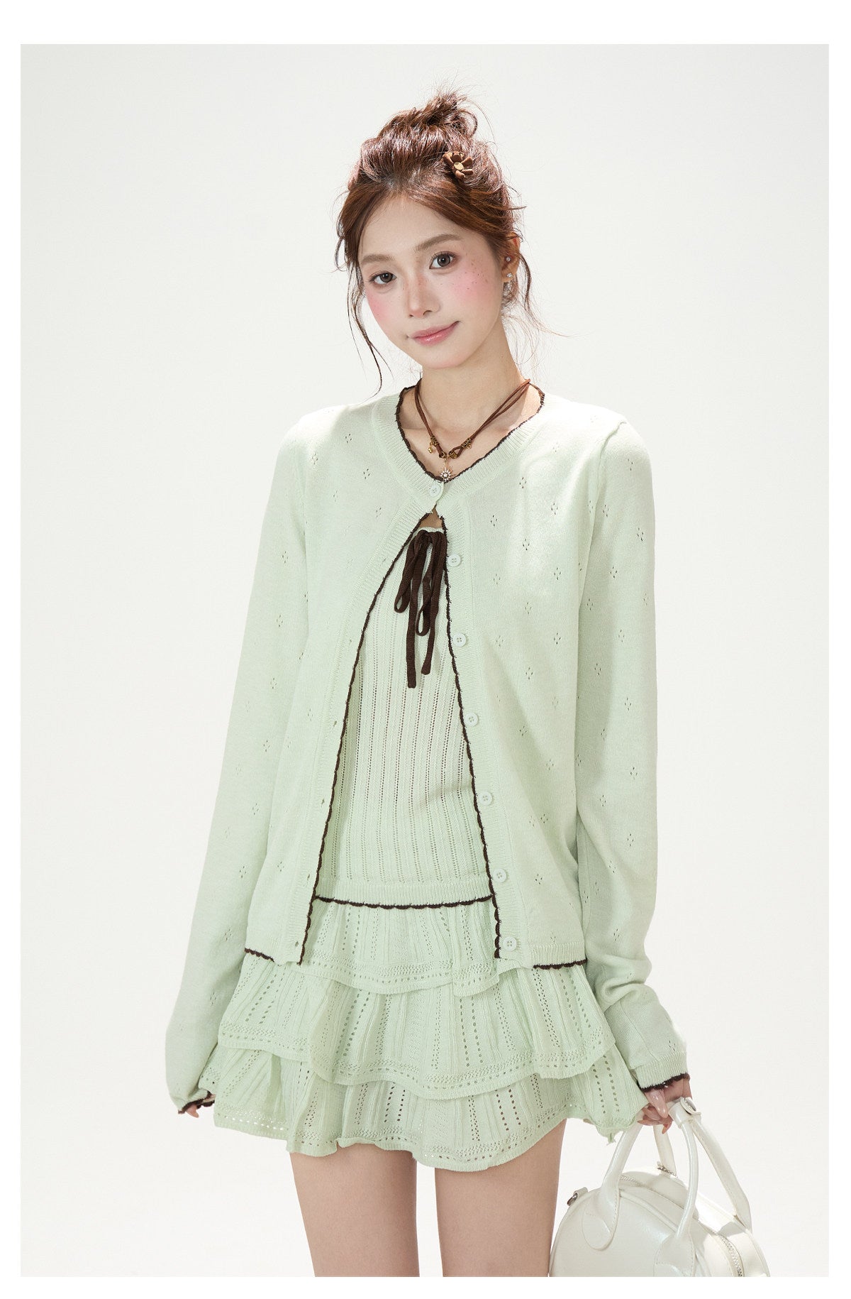 Pointelle Bow Cardigan & Cami Knit Set & Tiered Ruffle Mini Skirt