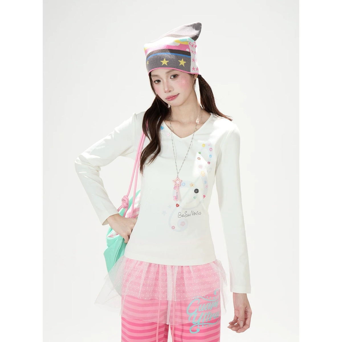 Music Note Star Button V-Neck Long Sleeve Top & Pink Stripe Wide-Leg Pants