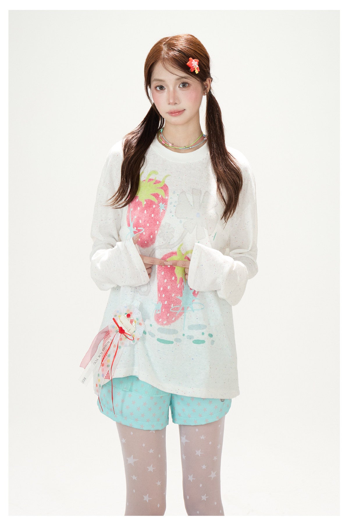 Strawberry Doodle Long Sleeve Tee & Aqua Polka-Dot Shorts