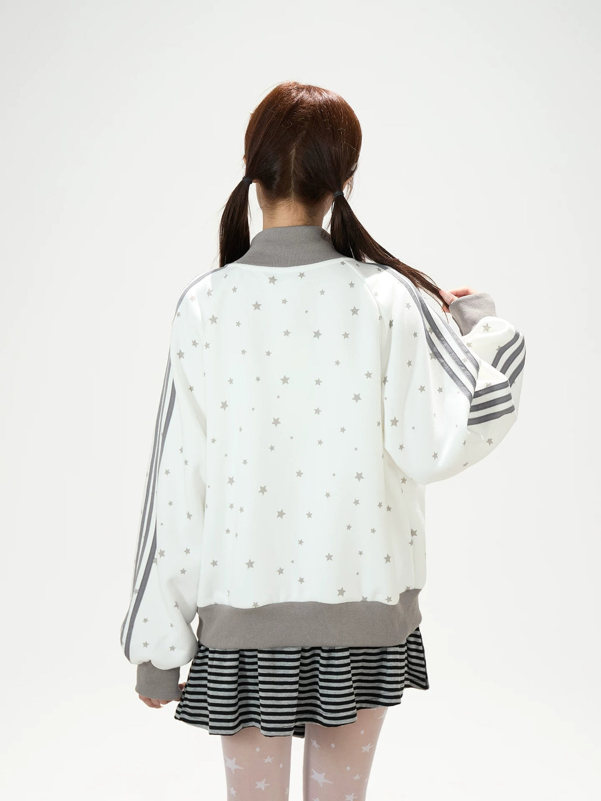 Star Girl Graphic Stand-Collar Jacket & Gray Layered Mini Skirt